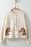 Western Horse Graphic Button Front Cropped Cardigan Sweater: IVORY