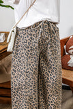 Fashion-W Leopard Drawstring Waist Pocketed Wide Leg Jeans
