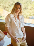 Embroidered Scallop Collar Puff Sleeve Top: OFF WHITE
