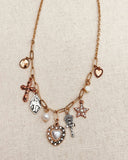Gold Heart & Star Charm Necklace with Pearl