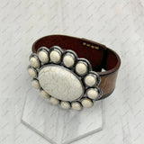 Brown leather with large blue turquoise stone oval concho bracelet