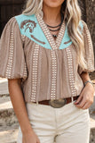 Western Pony Embroidered Yoke Puff Sleeve Gingham Blouse: Brown