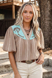 Western Pony Embroidered Yoke Puff Sleeve Gingham Blouse: Brown