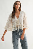 Boho Embroidered Sheer Blouse Flowy Bell Sleeves: CREAM