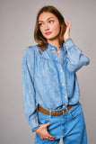 Ruffle Neck Denim Snap Button Shirt: WASHED BLUE