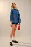 Embroidery Detailed Over Sized Denim Jacket: MED WASH