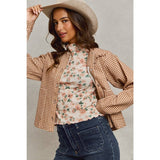 Mini Checkered Button Down Ruffled Jacket: BROWN )