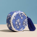 Blue Quilted Floral Round Coin Pouch – Zipper Coin Purse with Tassel: Blue