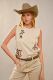 Western Motif Embroidered Sleeveless Top: SAND