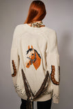 Western Horse Belted Cardigan Sweater: ALMOND BEIGE