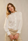 Ruffle Neck Denim Snap Button Shirt: WASHED BLUE
