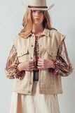 Western Sunset Embroidered Denim Vest: OATMEAL