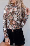 Boho Floral Print Mock Neck Short Sleeve Mesh Top: Brown