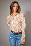 Western Printed Long Sleeve Button-Up Shirt: OFF WHITE RUST