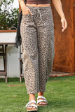 Fashion-W Leopard Drawstring Waist Pocketed Wide Leg Jeans