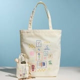 Mini Canvas Bag Charm  Pouch with Mediterranean Graphic & Chain Keyring
