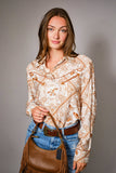 Western Printed Long Sleeve Button-Up Shirt: OFF WHITE RUST