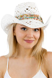Coastal Cowgirl Boho Shell Woven Cowboy Hat: White