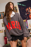 'PARIS' Graphic French Terry Oversize Top: CHARCOAL