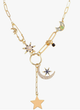 Celestial Coin Charm Hamsa Necklace Lariat Moon