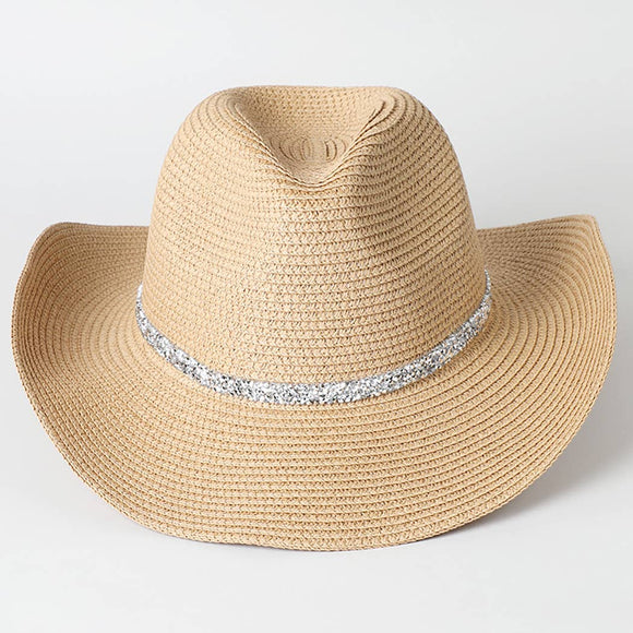Rhinestone Band Straw Panama Cowboy Hat: ONE SIZE / LT BROWN