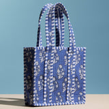 Blue Quilted Floral Mini Tote Bag – Striped Handle Fabric Lunch, Gift & Everyday Carry Bag: Blue