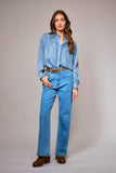 Ruffle Neck Denim Snap Button Shirt: WASHED BLUE