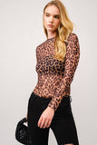 Leopard Mesh Mock Neck Fitted Top: LEOPARD