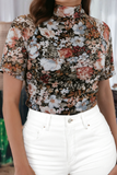 Boho Floral Print Mock Neck Short Sleeve Mesh Top: Brown
