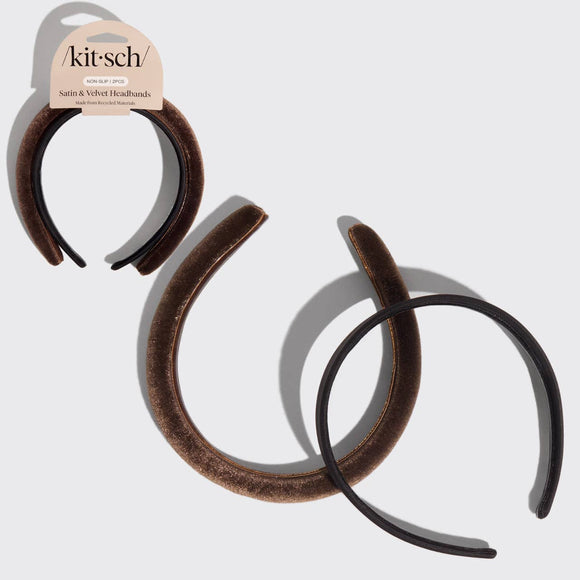 Kitsch - Recycled Fabric Satin & Velvet Headbands 2pc Set-Black/Choco