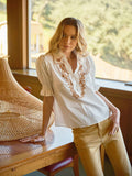 Embroidered Scallop Collar Puff Sleeve Top: OFF WHITE