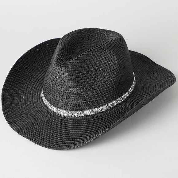 Rhinestone Band Straw Panama Cowboy Hat: ONE SIZE / Black