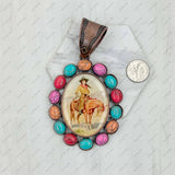 Copper metal with blue turquoise stone oval cowboy Pendent: BLUE COWBOY