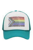 Bling Rainbow Pride Flag Two Tone Sponge Trucker Hat: White/Teal