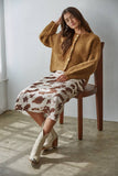 Woven Cow Print Satin Midi Skirt: Taupe Multi