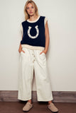 Western Horseshoe Crochet Knit Ribbed Trim Sweater Vest: NAVY