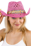 Coastal Cowgirl Boho Shell Woven Cowboy Hat: Hot Pink