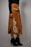 Suede Embroidered Patch Midi Skirt: CAMEL