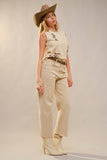 Western Motif Embroidered Sleeveless Top: SAND