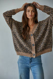 Knit Sweater V-Neck Animal Print Cardigan: Mocha Black