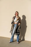 Western Velvet Mesh Tapestry Tassel Kimono: Black