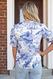 Western Wild Animal Paradise Striped Detail V Neck Blouse: Blue