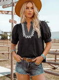 Western Puff Sleeve Contrast Embroidered Detail Blouse: Black