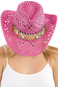 Coastal Cowgirl Boho Shell Woven Cowboy Hat: Hot Pink