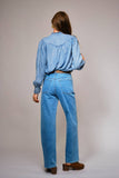 Ruffle Neck Denim Snap Button Shirt: WASHED BLUE