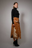 Suede Embroidered Patch Midi Skirt: CAMEL