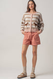 Horse Jacquard Striped Crew Neck Cardigan: Pink