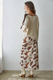 Woven Cow Print Satin Midi Skirt: Taupe Multi