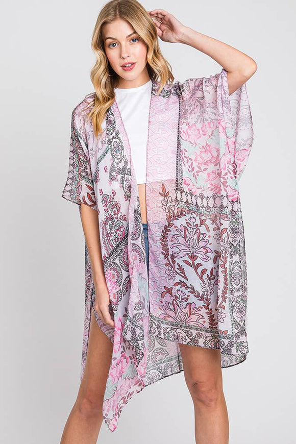 Paisley Flower Print Kimono: Pink