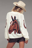 Western Horse Intarsia Cardigan: IVORY